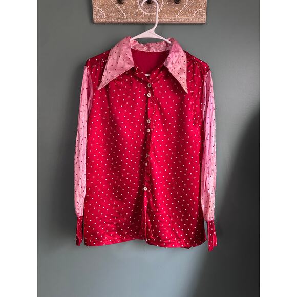 Vintage 50s Pink and Red Heart Satin Button Down Long Sleeve Blouse - Picture 1 of 6